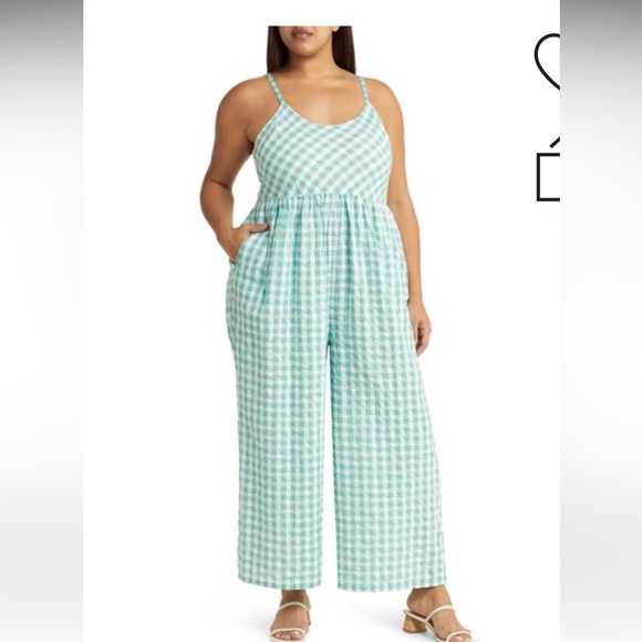 NWOT Nordstrom COTTON GINGHAM JUMPSUIT IN GREEN WASABI Size Small - Picture 2 of 9